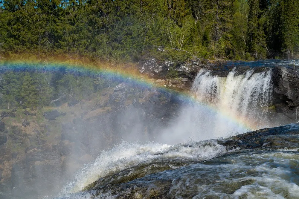 A rainbow arches over the spray at Ristafallet, water plunging over a rock edge on the right