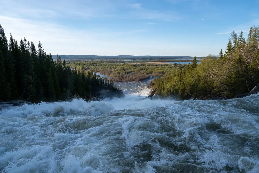 View from above of the raging rapids of the Handölsforsen, a wide landscape of forest and water behind