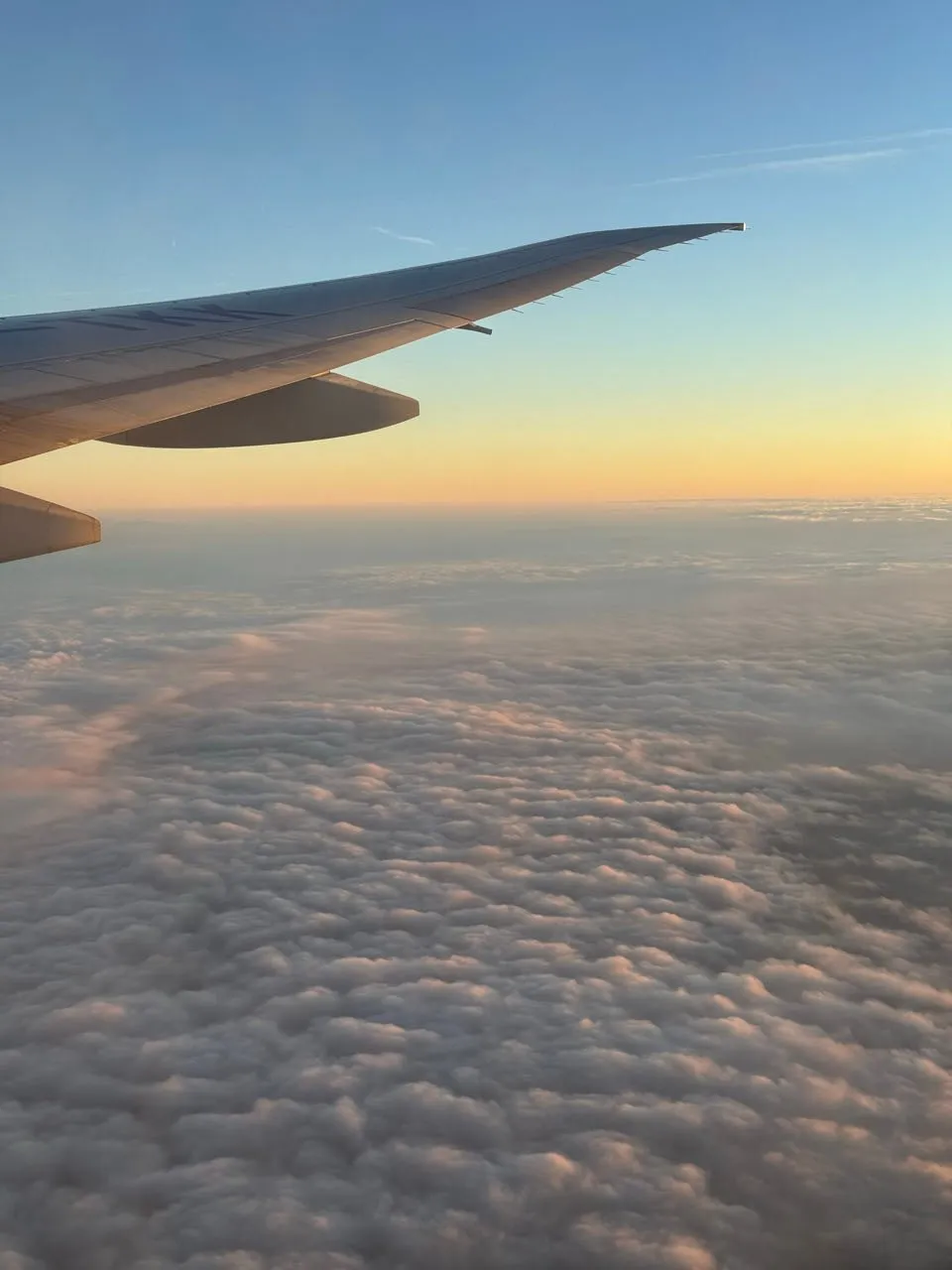 Eine Flügelspitze über einem Teppich aus Wolken, am Horizont ein gelber Streifen unter blauem Himmel