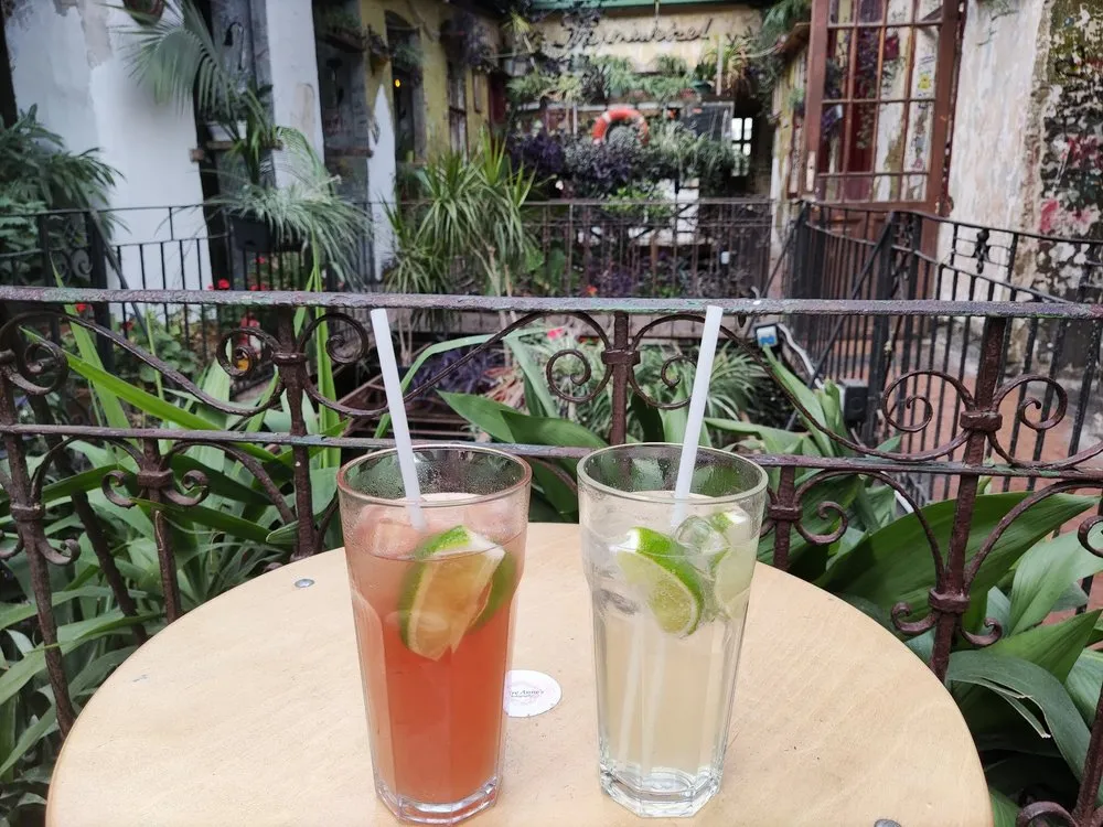 Two cocktails with slices of lime on a round table, the green courtyard of the ruin bar behind them