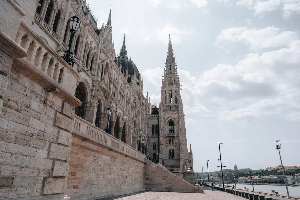 The Parliament building from the side, the stone wall on the left, the riverside promenade on the Danube on the right