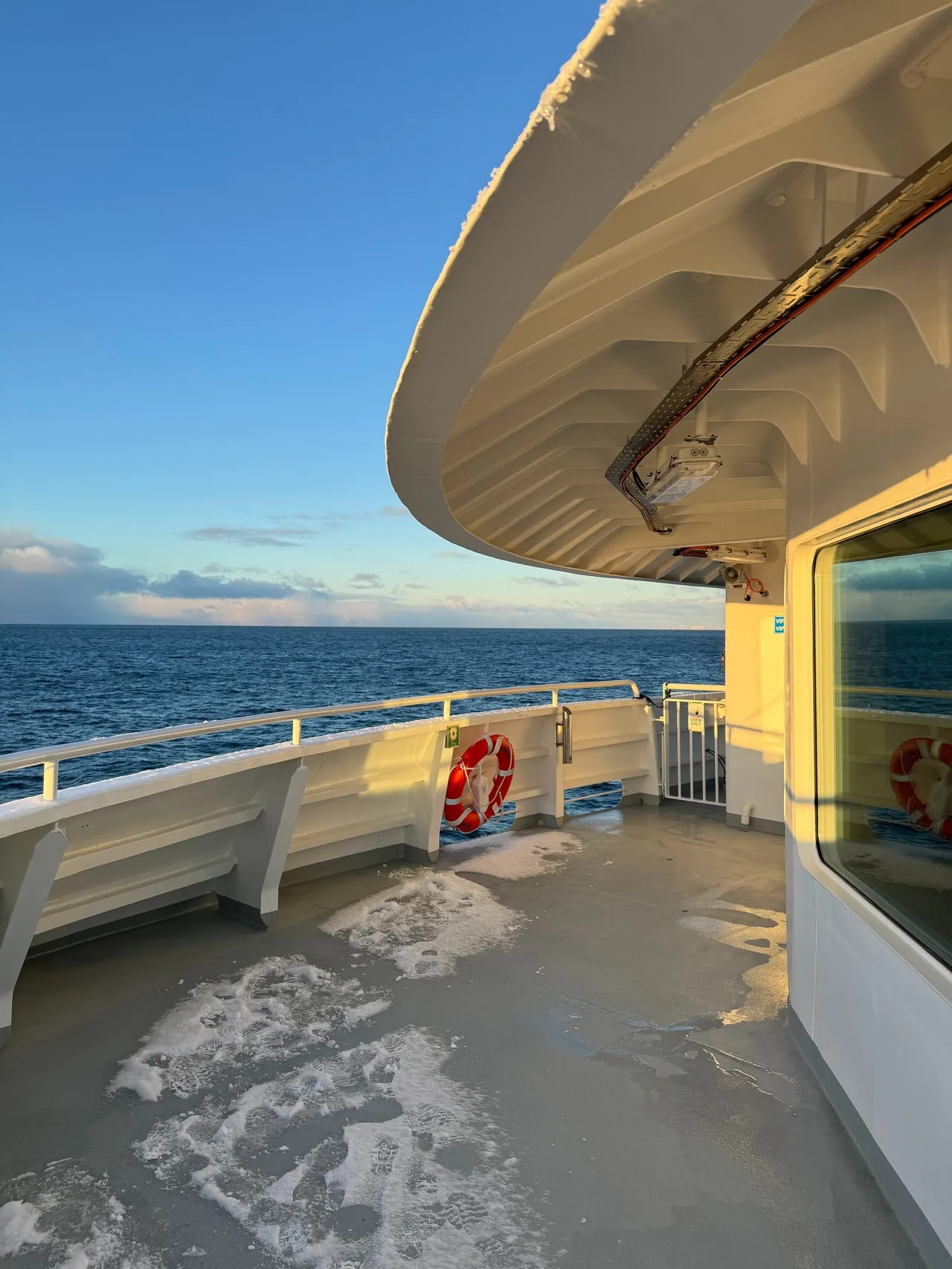 The snow-covered aft deck of the ferry to Bodø