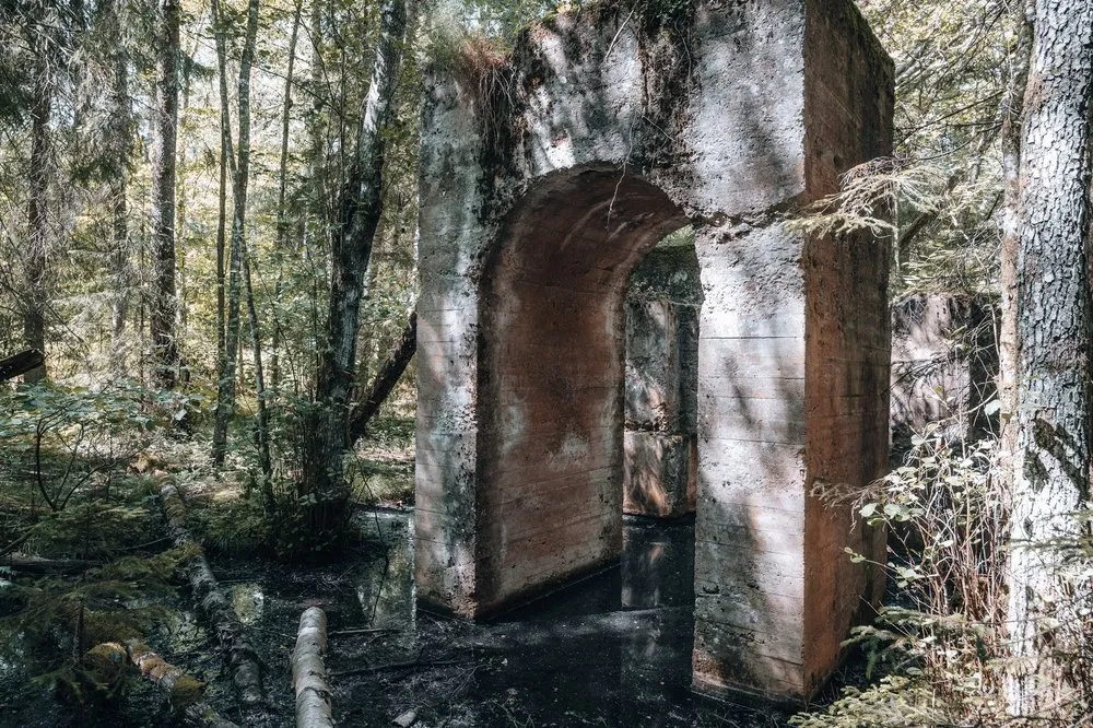 Freistehender Betonbogen der Ruine, umgeben von Bäumen und Sträuchern, davor feuchter schwarzer Boden