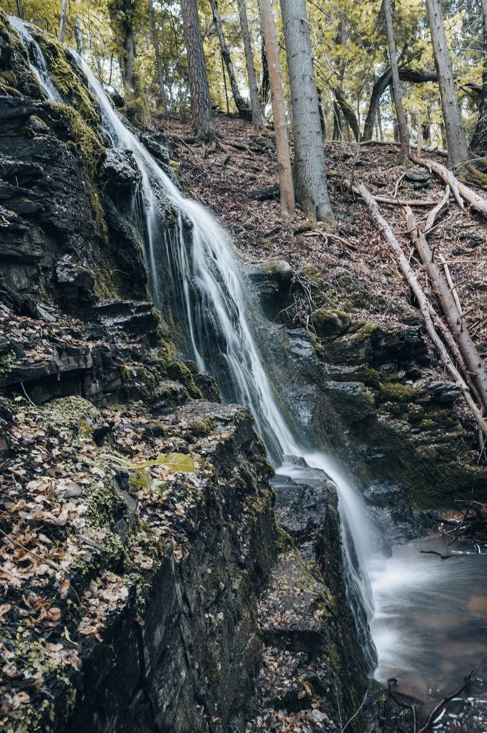 Schmaler Wasserfall, der links an einer dunklen, moosbewachsenen Felswand hinabläuft