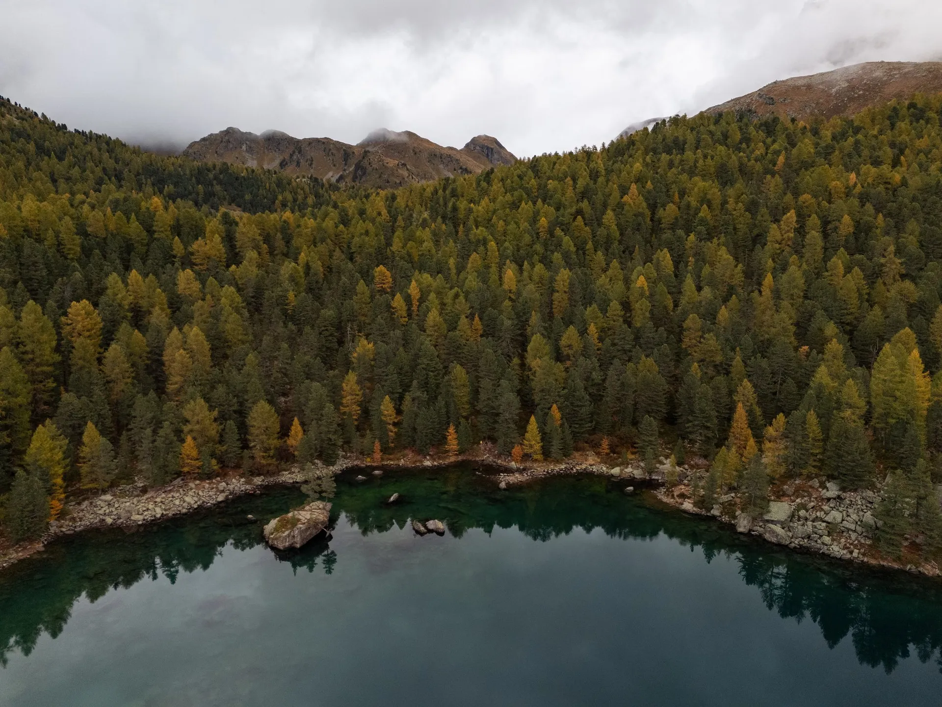 Der Lagh da Saoseo aus der Luft, am Ufer ein Felsblock als kleine Insel, dahinter steigt ein Wald aus gelben Lärchen und Arven zu Gipfeln in den Wolken an