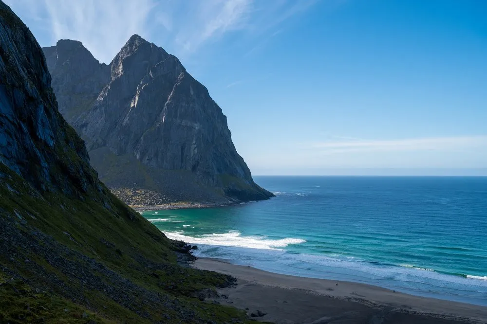 View of Kvalvika Beach: a steep rock wall above turquoise sea and sandy beach under a blue sky
