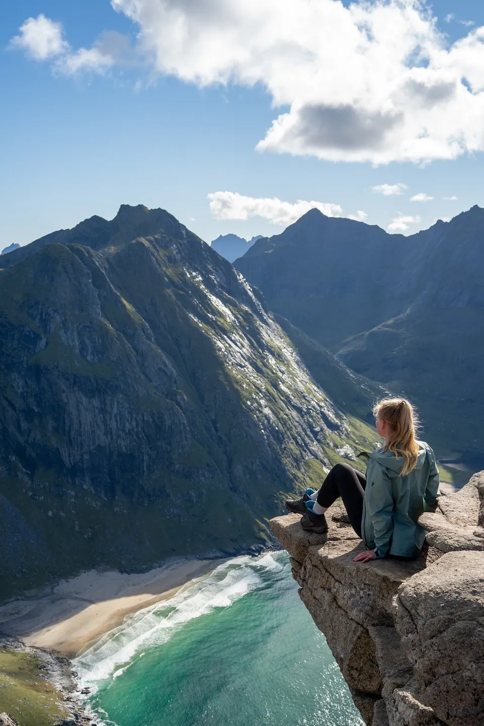Annina auf dem überhängenden Felsen des Ryten, tief unten die türkise Bucht von Kvalvika