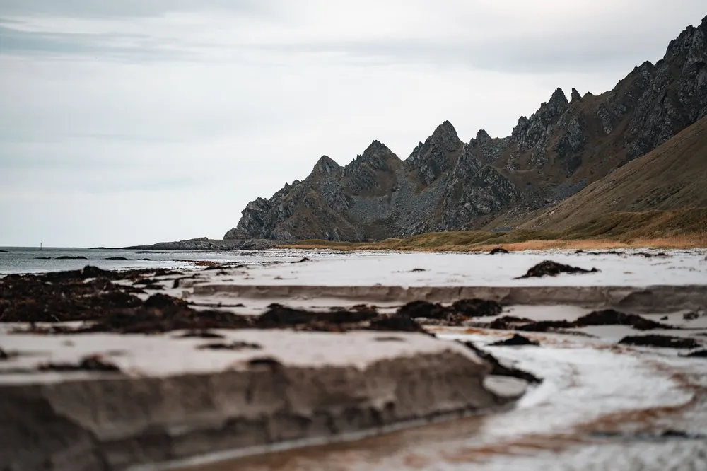 The pale sandy beach of Bleik with dark seaweed and the stream running through the sand, the jagged ridge behind