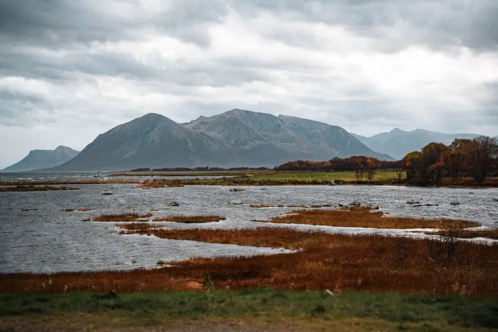 A mountain behind a shallow bay with reddish brown grass on the way back to Nøss