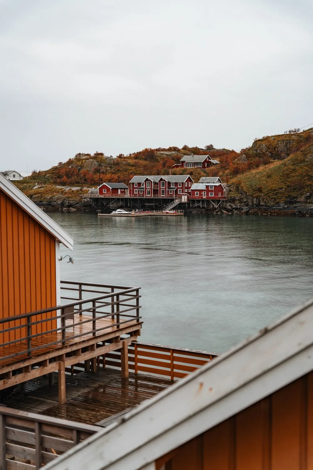 From an ochre rorbu in Sakrisøy across the bay to red rorbuer in front of autumn hills
