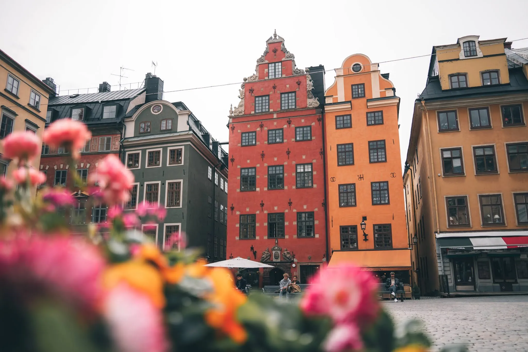 Red and orange gabled houses on a square, blurred pink and yellow flowers in the foreground